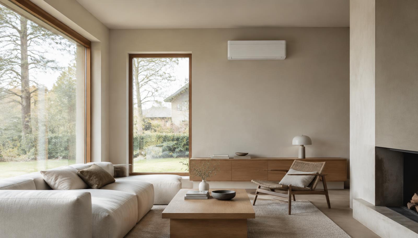 Minimalistische woonkamer met grote ramen en een witte airco aan de wand