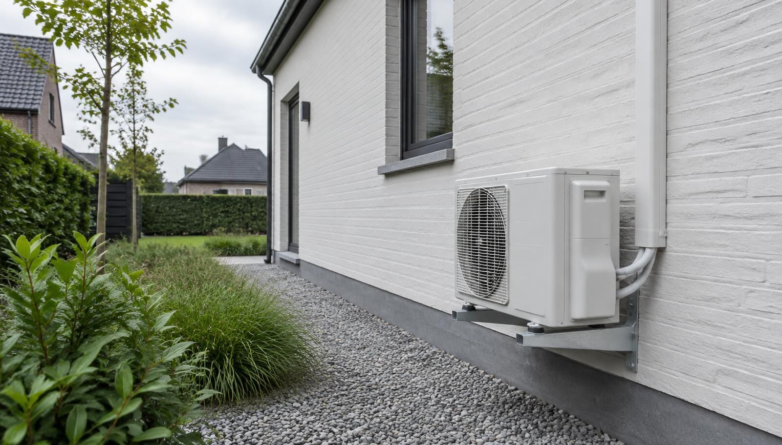Nette witte buitenunit van een airco op een beugel tegen een lichte gevel