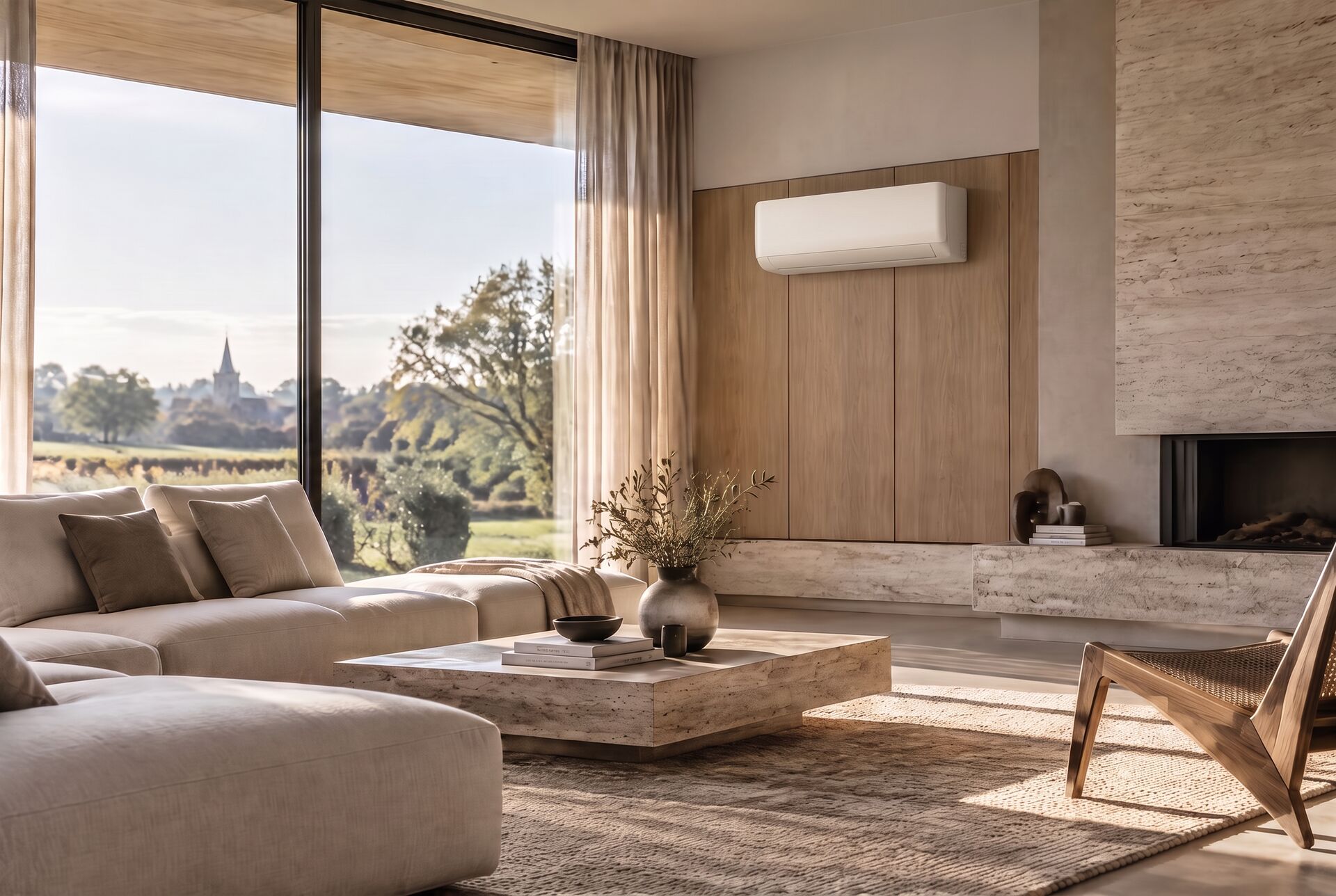Midea wandairco in een lichte woonkamer