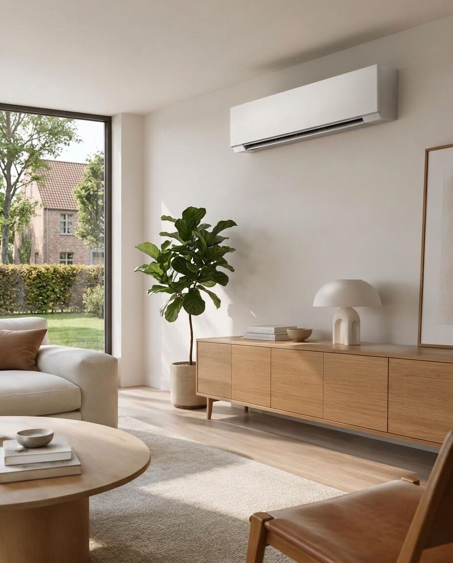 Witte Midea All Easy Blue wandairco in een lichte woonkamer