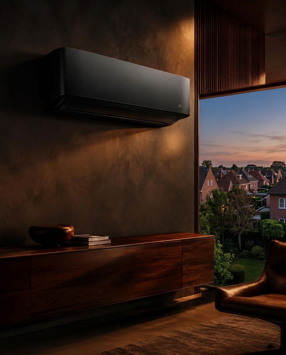 Zwarte Midea Solstice wandairco in een warm, donker interieur